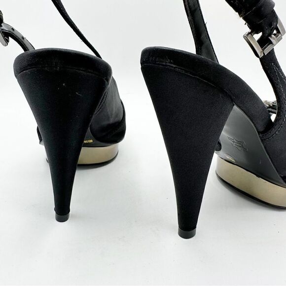 BCBGMaxAzria Black Satin Jeweled Sandals w/Mirrored Platform Cone Heel‎ Sz 8 38 - Picture 7 of 15